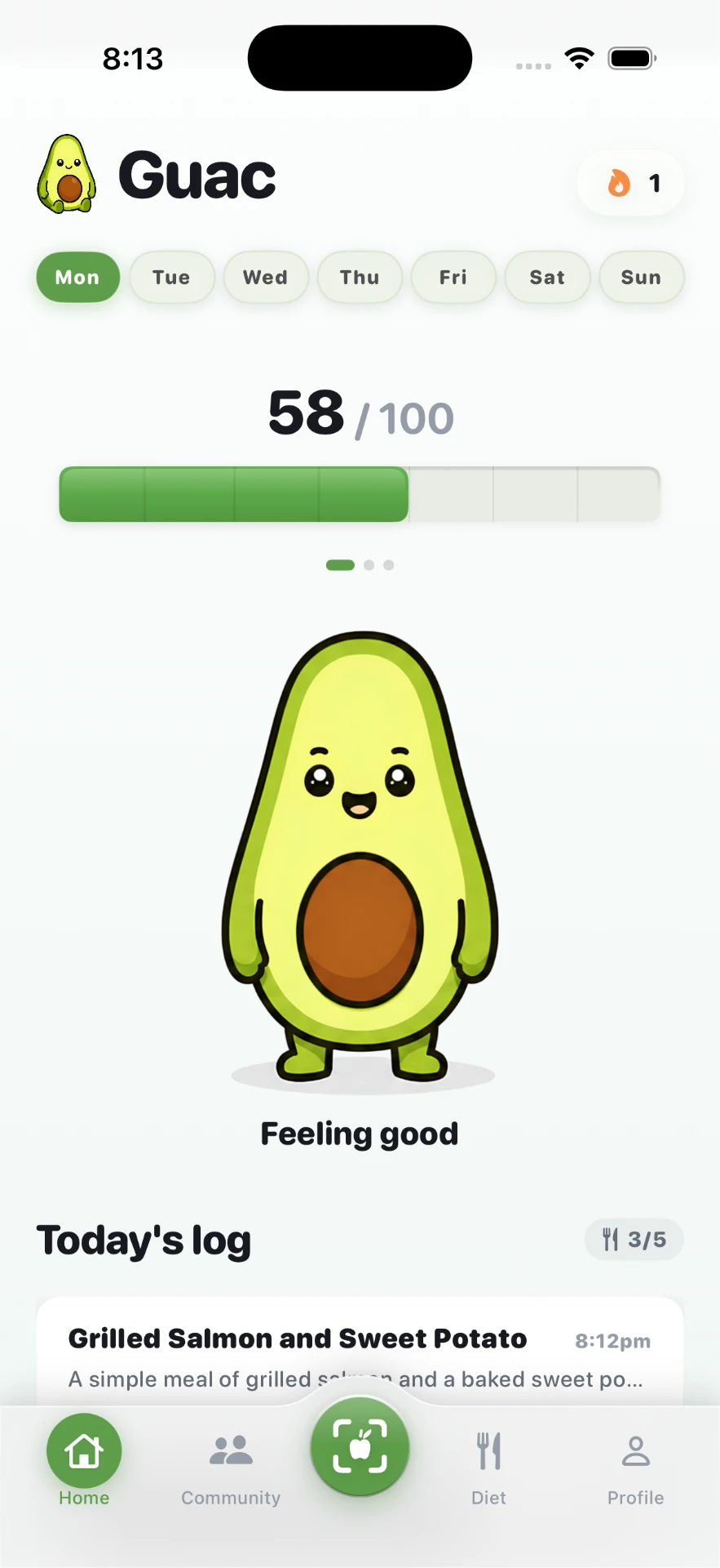 The Guac app showing a daily diet score, food log and micronutrient tracking